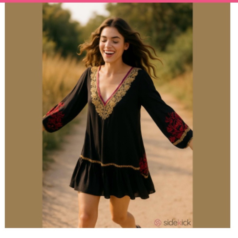Free People Wild One Peasant Mini Dress SizeS Black Gold Embroidered Drop Waist